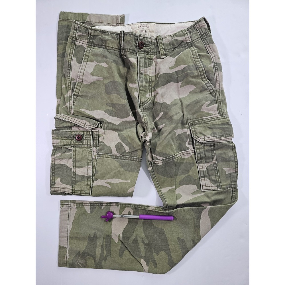 Hollister Slim Cargo Pants Mens Size 30x32 Green Camo Faded Wash Y2K